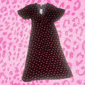 Black Midi Dress with Red Lip Print